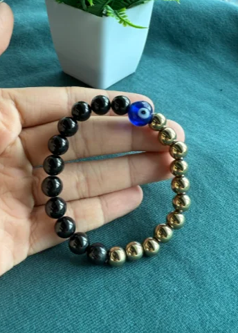 Pyrite Black Tourmaline Evil Eye Bracelet for Protection & Prosperity - Image 2